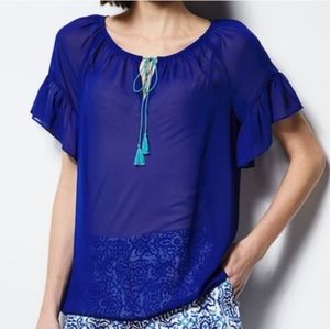 Milly For Design Nation Blue Sheer Chiffon Blouse Size XL